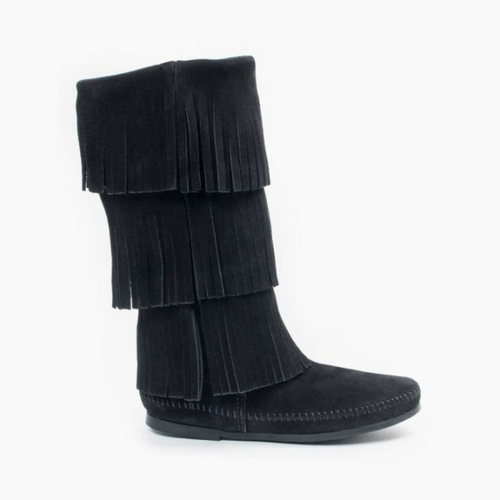 Minnetonka moccasins fringe black leather suede